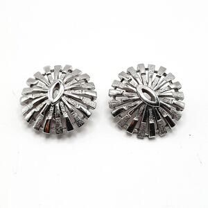 Vintage Crown Trifari Rhodium Plated Clip Earrings, Mid-Century Sunburst Jewelry
